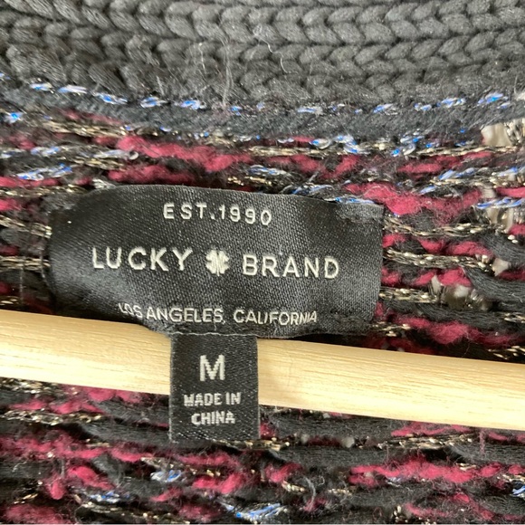 Lucky Brand Button Up Chunky Knit Cardigan Sweater M Fair Isle Black Metallic - Picture 14 of 16